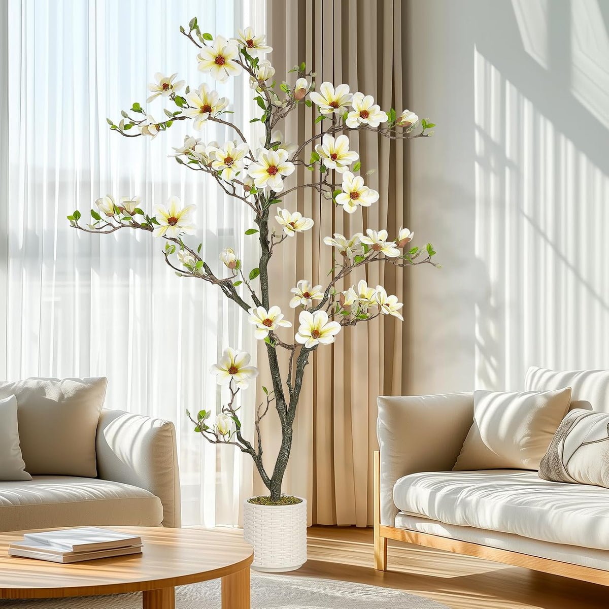 6 ft Faux Magnolia Plant Artificial Flower Trees Fake Plants for Yard Patio Home Office Arrangement Decor Artificial Magnolia Tree Inc. 180 Realistic Flowers Vivid Leaves Mosses Lighting White Pot