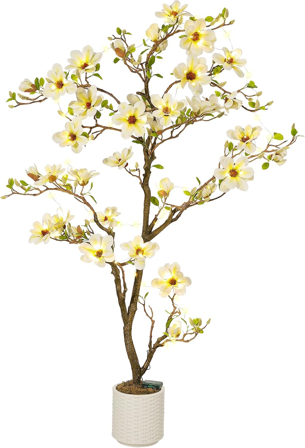 6 ft Faux Magnolia Plant Artificial Flower Trees Fake Plants for Yard Patio Home Office Arrangement Decor Artificial Magnolia Tree Inc. 180 Realistic Flowers Vivid Leaves Mosses Lighting White Pot