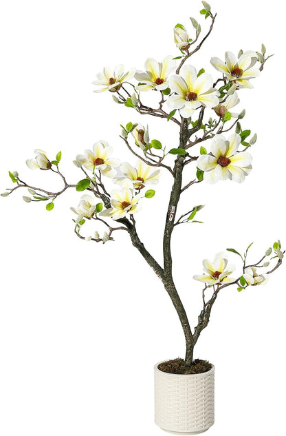 6 ft Faux Magnolia Plant Artificial Flower Trees Fake Plants for Yard Patio Home Office Arrangement Decor Artificial Magnolia Tree Inc. 180 Realistic Flowers Vivid Leaves Mosses Lighting White Pot