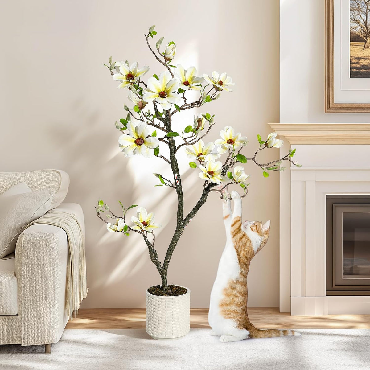 6 ft Faux Magnolia Plant Artificial Flower Trees Fake Plants for Yard Patio Home Office Arrangement Decor Artificial Magnolia Tree Inc. 180 Realistic Flowers Vivid Leaves Mosses Lighting White Pot
