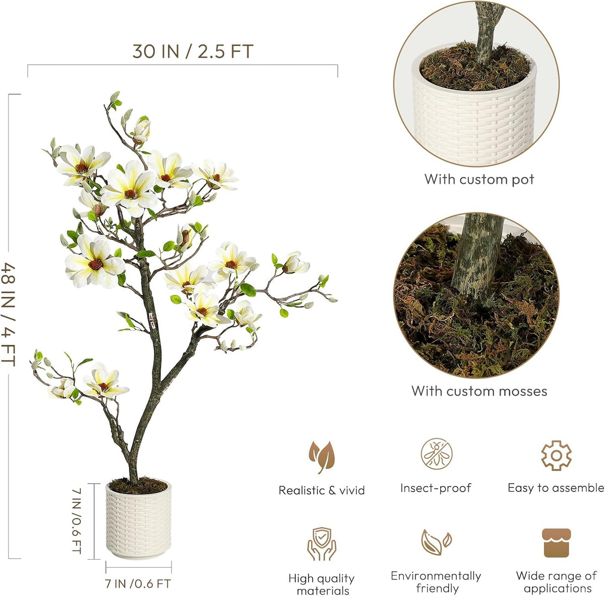 6 ft Faux Magnolia Plant Artificial Flower Trees Fake Plants for Yard Patio Home Office Arrangement Decor Artificial Magnolia Tree Inc. 180 Realistic Flowers Vivid Leaves Mosses Lighting White Pot