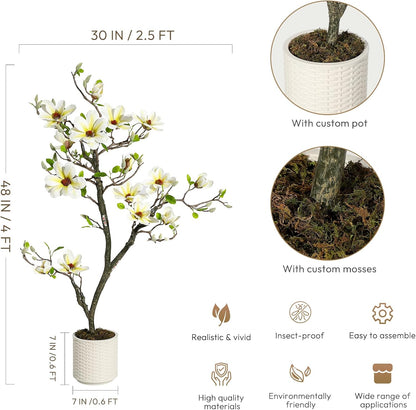 6 ft Faux Magnolia Plant Artificial Flower Trees Fake Plants for Yard Patio Home Office Arrangement Decor Artificial Magnolia Tree Inc. 180 Realistic Flowers Vivid Leaves Mosses Lighting White Pot