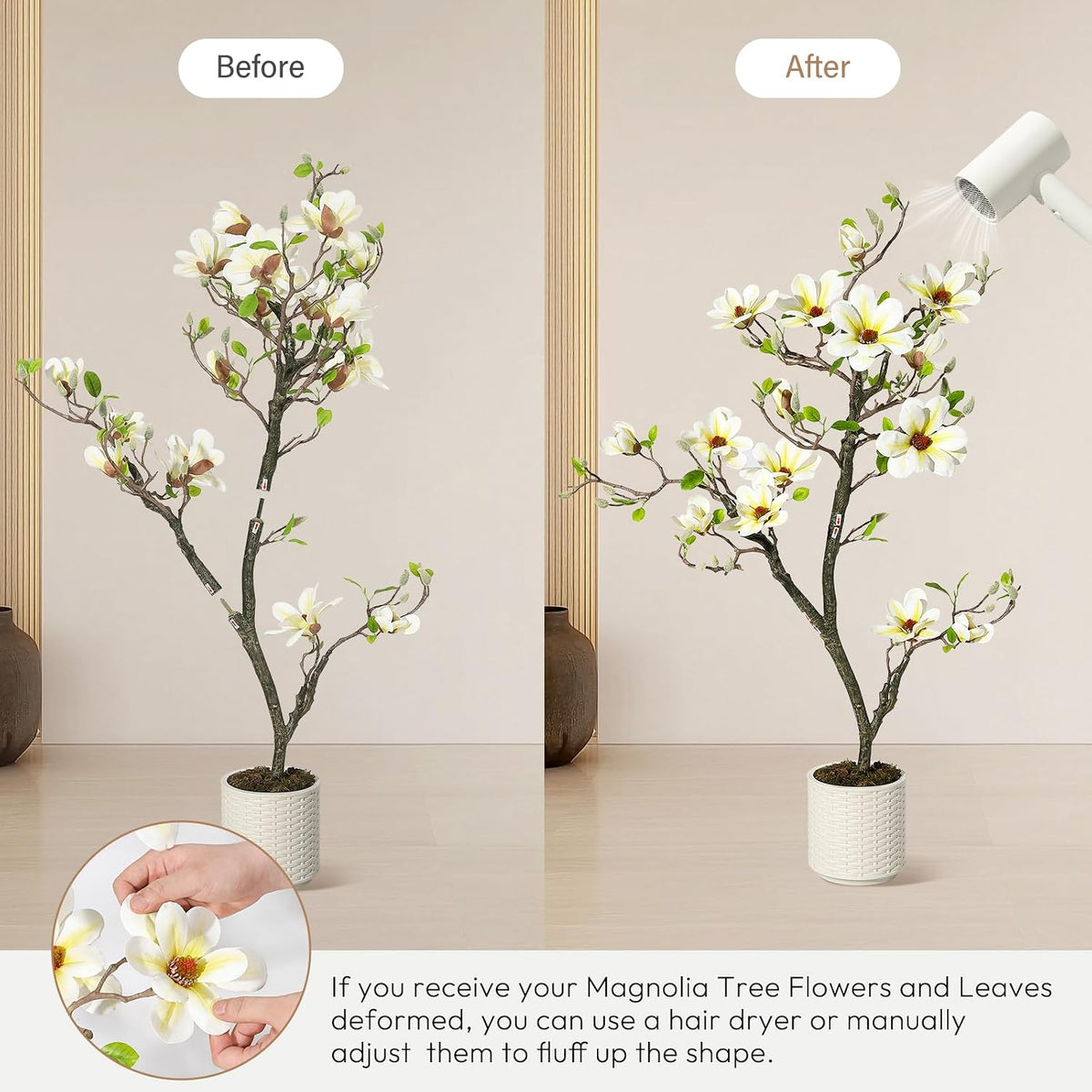 6 ft Faux Magnolia Plant Artificial Flower Trees Fake Plants for Yard Patio Home Office Arrangement Decor Artificial Magnolia Tree Inc. 180 Realistic Flowers Vivid Leaves Mosses Lighting White Pot
