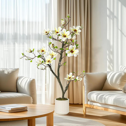 6 ft Faux Magnolia Plant Artificial Flower Trees Fake Plants for Yard Patio Home Office Arrangement Decor Artificial Magnolia Tree Inc. 180 Realistic Flowers Vivid Leaves Mosses Lighting White Pot