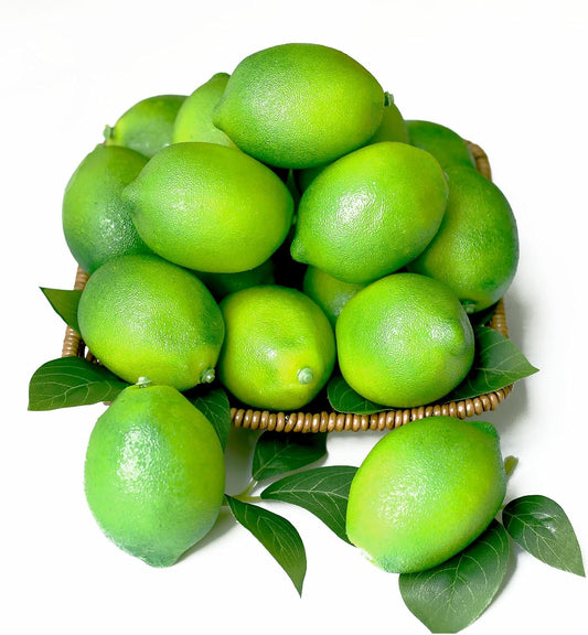 20Pcs Fake Lemons Artificial Fruits with 25 Leaves Faux Yellow Lifelike Plastic Lemon Decorations Realistic Limes Fruit Decor for Home Kitchen Table Cabinet Holiday Party Photography Props
