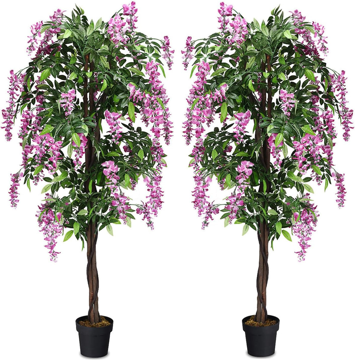 Artificial Wisteria Tree, Purple Red Wisteria w/Pot, Flowers, 2 Trunks, 1260 Leaves, Tall Artificial Trees Potted Plants for Outdoors, Home, Office, Garden, Living Room, Set of 2