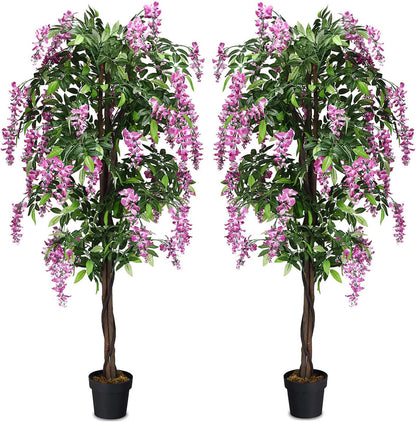 Artificial Wisteria Tree, Purple Red Wisteria w/Pot, Flowers, 2 Trunks, 1260 Leaves, Tall Artificial Trees Potted Plants for Outdoors, Home, Office, Garden, Living Room, Set of 2