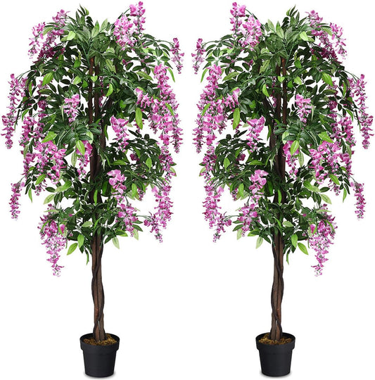 Artificial Wisteria Tree, Purple Red Wisteria w/Pot, Flowers, 2 Trunks, 1260 Leaves, Tall Artificial Trees Potted Plants for Outdoors, Home, Office, Garden, Living Room, Set of 2