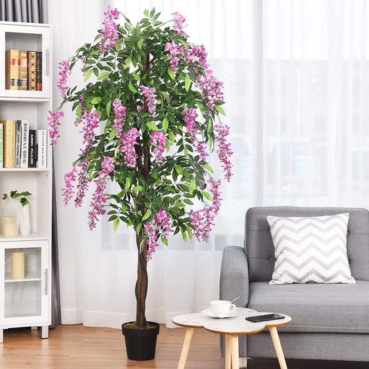 Artificial Wisteria Tree, Purple Red Wisteria w/Pot, Flowers, 2 Trunks, 1260 Leaves, Tall Artificial Trees Potted Plants for Outdoors, Home, Office, Garden, Living Room, Set of 2