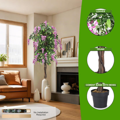 Artificial Wisteria Tree, Purple Red Wisteria w/Pot, Flowers, 2 Trunks, 1260 Leaves, Tall Artificial Trees Potted Plants for Outdoors, Home, Office, Garden, Living Room, Set of 2