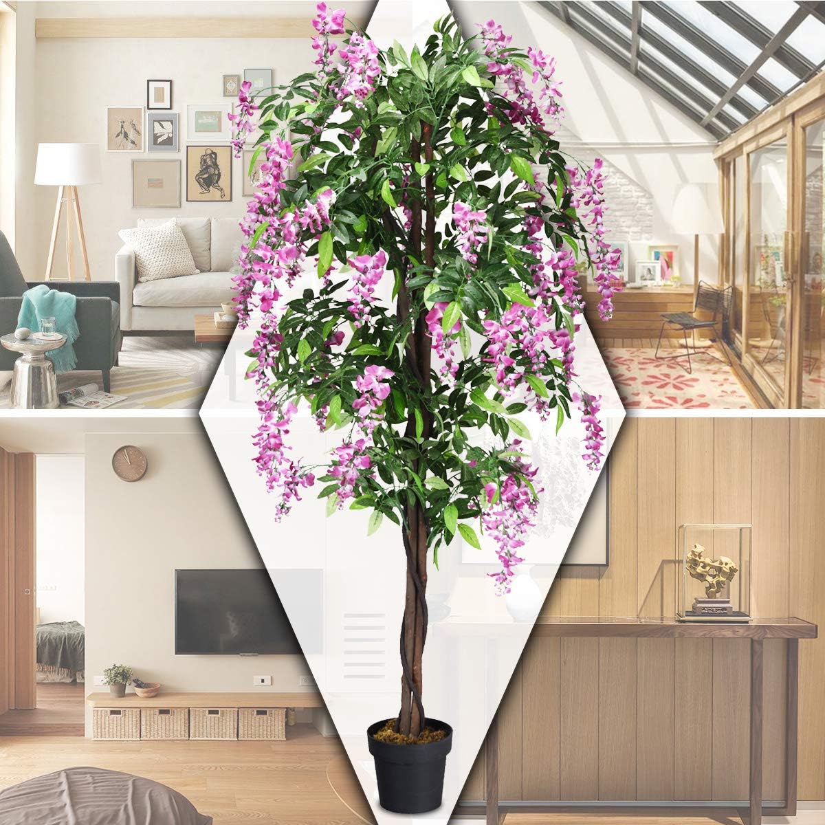 Artificial Wisteria Tree, Purple Red Wisteria w/Pot, Flowers, 2 Trunks, 1260 Leaves, Tall Artificial Trees Potted Plants for Outdoors, Home, Office, Garden, Living Room, Set of 2