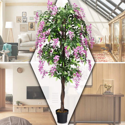 Artificial Wisteria Tree, Purple Red Wisteria w/Pot, Flowers, 2 Trunks, 1260 Leaves, Tall Artificial Trees Potted Plants for Outdoors, Home, Office, Garden, Living Room, Set of 2