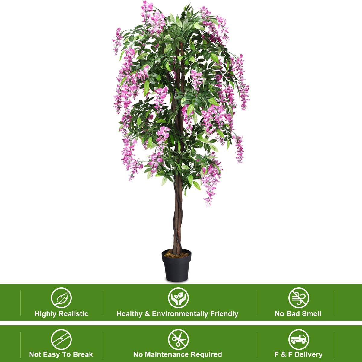 Artificial Wisteria Tree, Purple Red Wisteria w/Pot, Flowers, 2 Trunks, 1260 Leaves, Tall Artificial Trees Potted Plants for Outdoors, Home, Office, Garden, Living Room, Set of 2