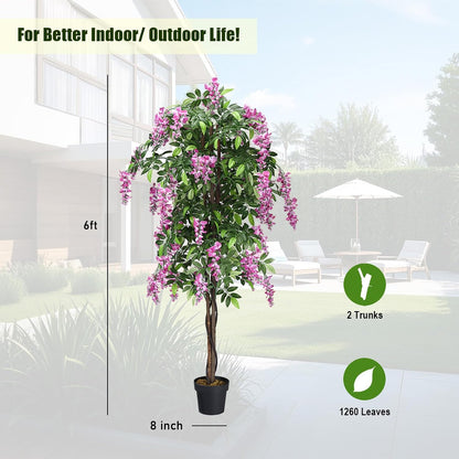 Artificial Wisteria Tree, Purple Red Wisteria w/Pot, Flowers, 2 Trunks, 1260 Leaves, Tall Artificial Trees Potted Plants for Outdoors, Home, Office, Garden, Living Room, Set of 2