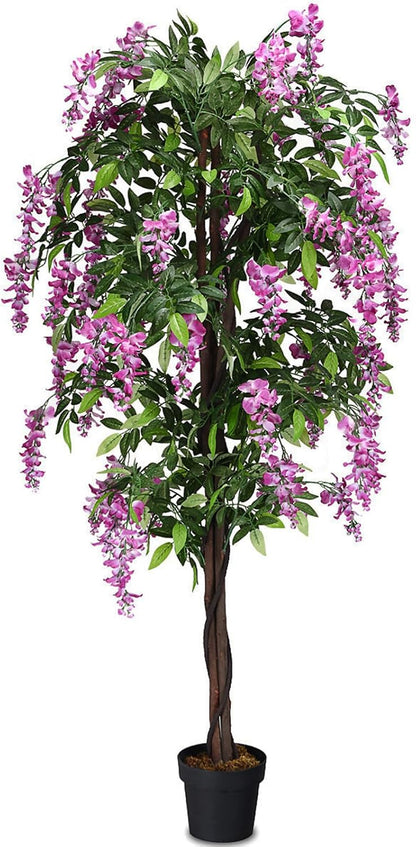 Artificial Wisteria Tree, Purple Red Wisteria w/Pot, Flowers, 2 Trunks, 1260 Leaves, Tall Artificial Trees Potted Plants for Outdoors, Home, Office, Garden, Living Room, Set of 2