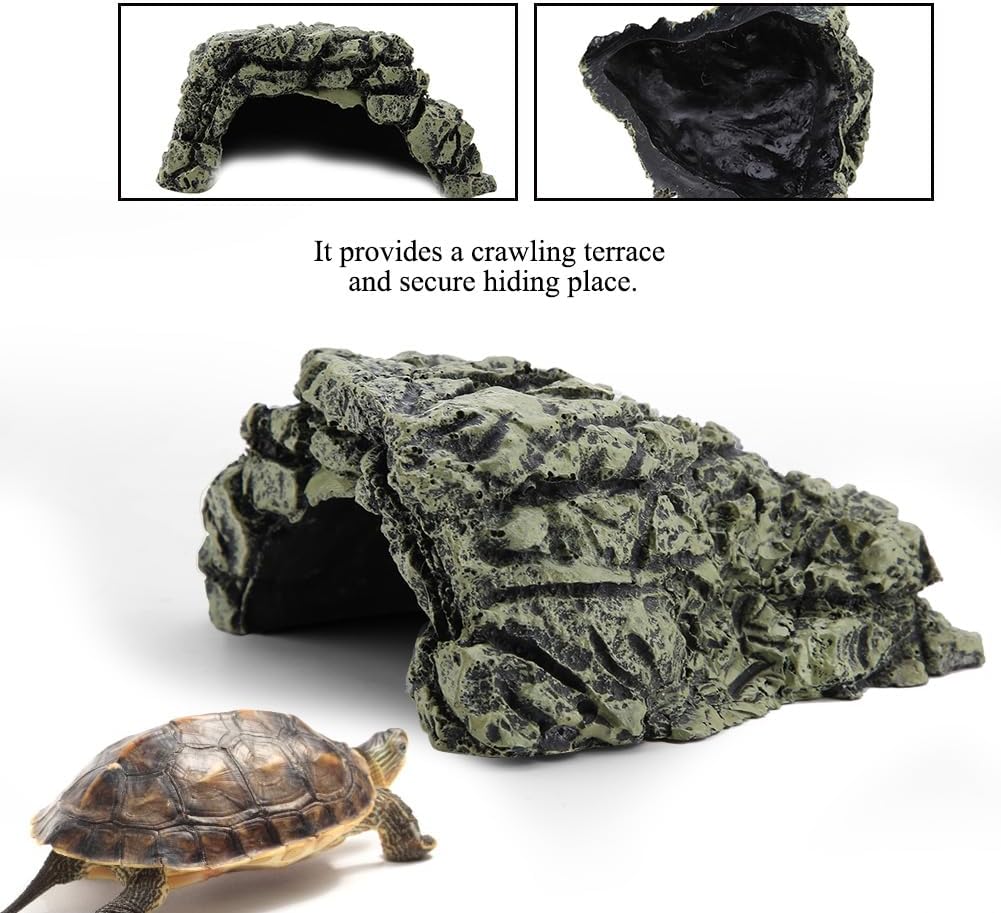 Reptile Hideout Cave,Resin Rock Hides Habitat Decor Fish Tank Decorations Shelter Tortoise Basking Terrace Pet Terrarium Nest Decoration for Gecko,Spiders,Frogs,Fish,Turtles and Hermit Crabs