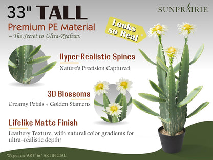 33 Inch Large Artificial Cactus with Lilly White Flowers in Pot with Natural Gravel. Satin Finish Leaves with Real Look and Feel. Outdoor and Indoor Faux Plants.