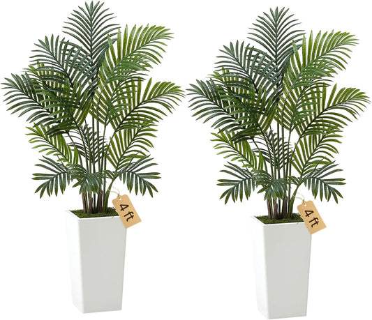 Artificial Areca Palms 4 ft, 2 Pack Fake Palm Tropical Plants with White Tall Planter, Faux Floor Silk Plant in Pot, Large Tree for Home Office Living Room Decor House Warming, Indoor Outdoor