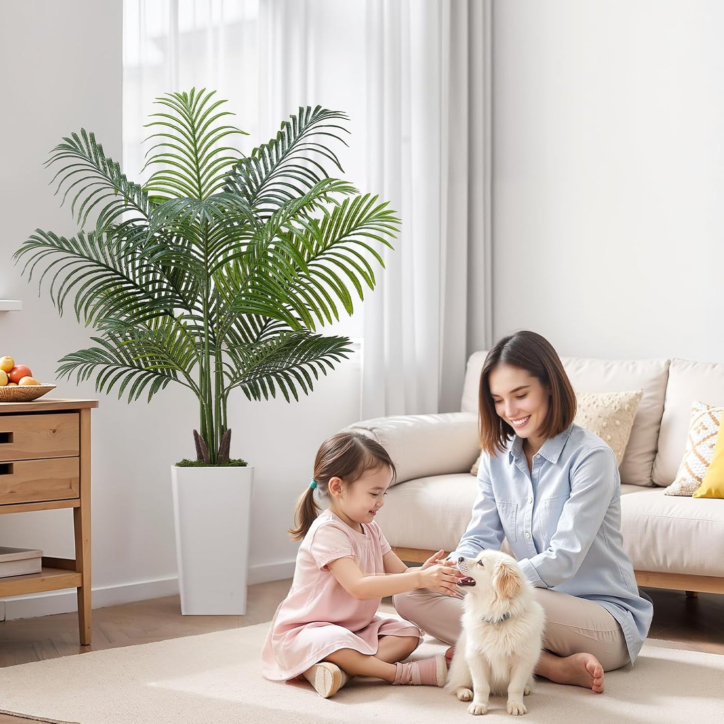 Artificial Areca Palms 4 ft, 2 Pack Fake Palm Tropical Plants with White Tall Planter, Faux Floor Silk Plant in Pot, Large Tree for Home Office Living Room Decor House Warming, Indoor Outdoor