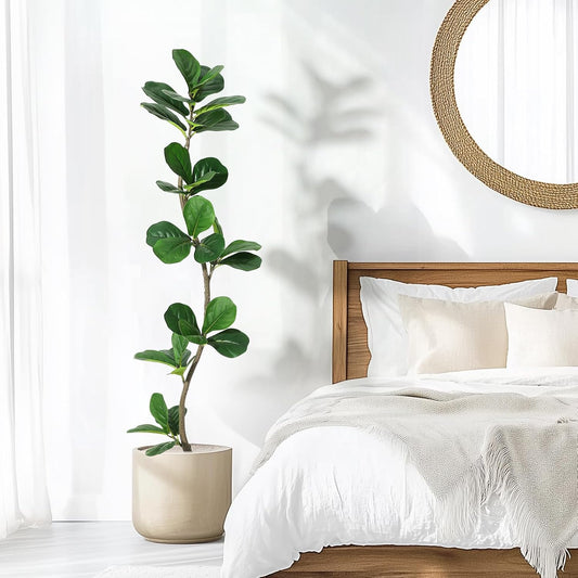 6 ft Artificial Fiddle Leaf Fig Tree with Black Nursery Planter | Fake Plant with Pot, Large Fake Tree for Home or Office Decor - Artificial Plants Indoor Outdoor, Housewarming Gift