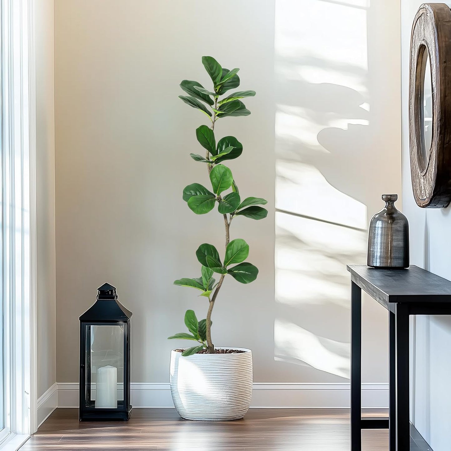 6 ft Artificial Fiddle Leaf Fig Tree with Black Nursery Planter | Fake Plant with Pot, Large Fake Tree for Home or Office Decor - Artificial Plants Indoor Outdoor, Housewarming Gift