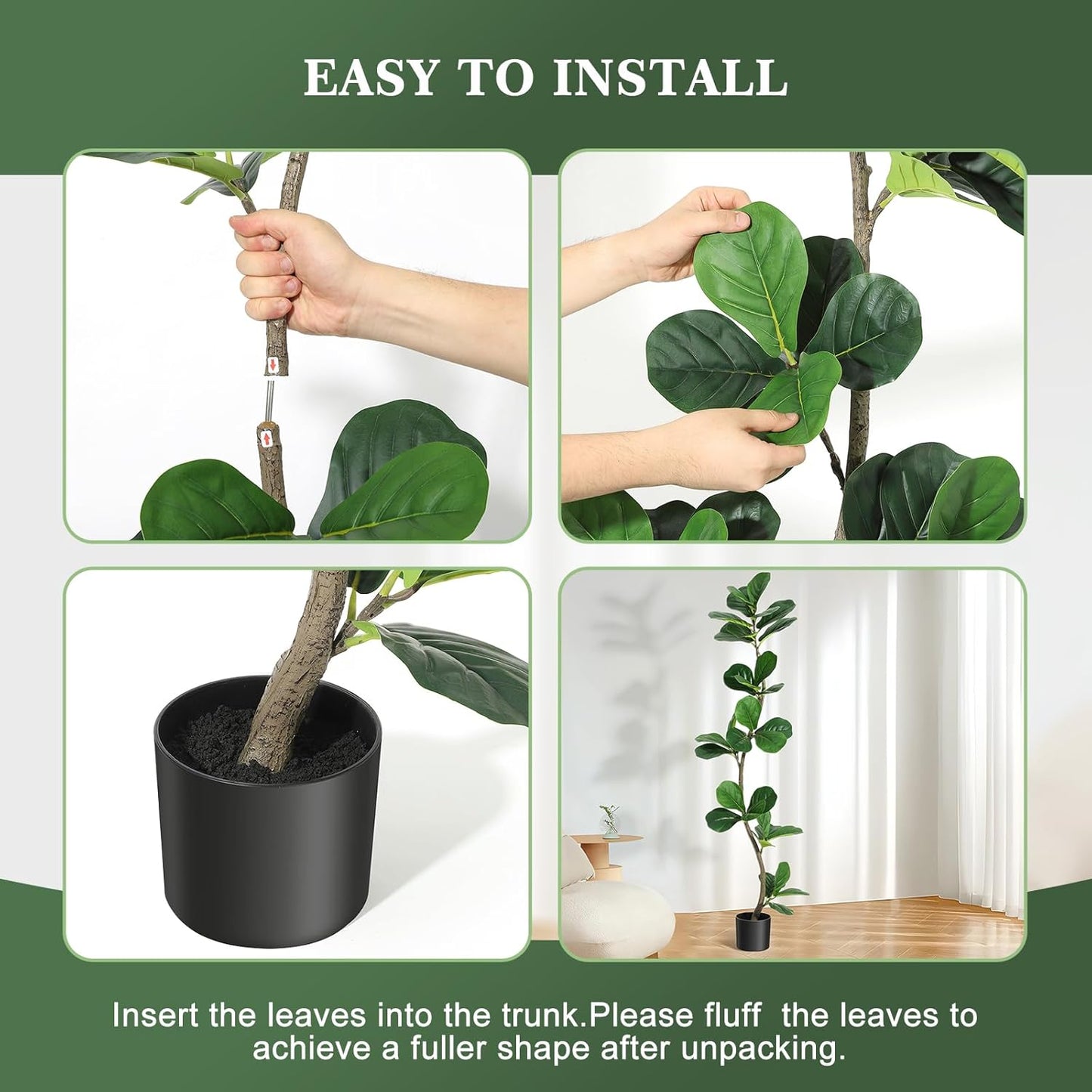 6 ft Artificial Fiddle Leaf Fig Tree with Black Nursery Planter | Fake Plant with Pot, Large Fake Tree for Home or Office Decor - Artificial Plants Indoor Outdoor, Housewarming Gift