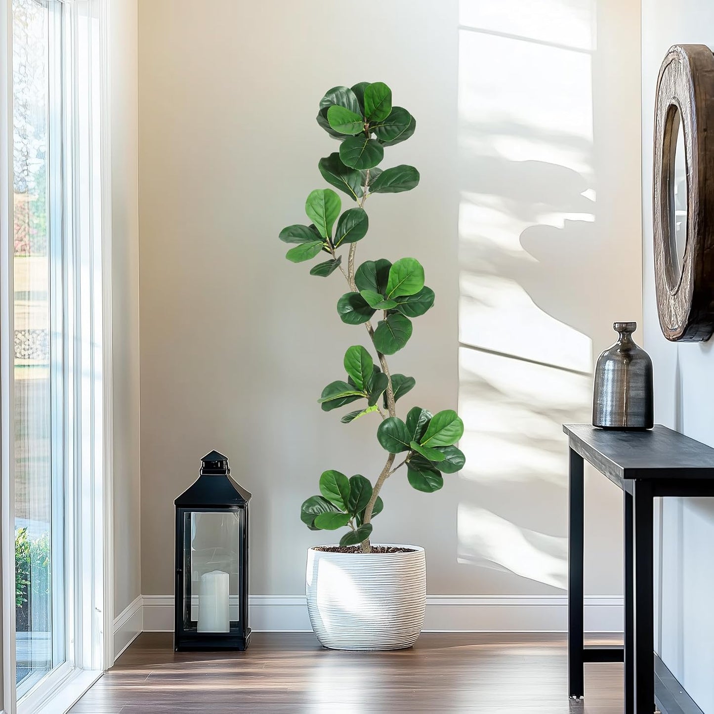 6 ft Artificial Fiddle Leaf Fig Tree with Black Nursery Planter | Fake Plant with Pot, Large Fake Tree for Home or Office Decor - Artificial Plants Indoor Outdoor, Housewarming Gift