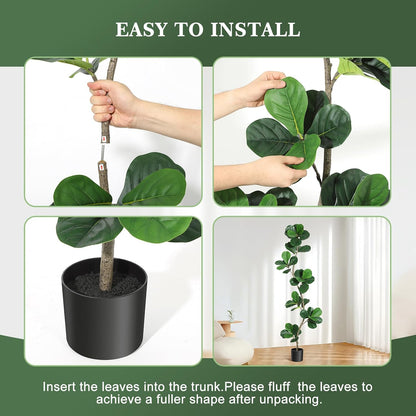 6 ft Artificial Fiddle Leaf Fig Tree with Black Nursery Planter | Fake Plant with Pot, Large Fake Tree for Home or Office Decor - Artificial Plants Indoor Outdoor, Housewarming Gift
