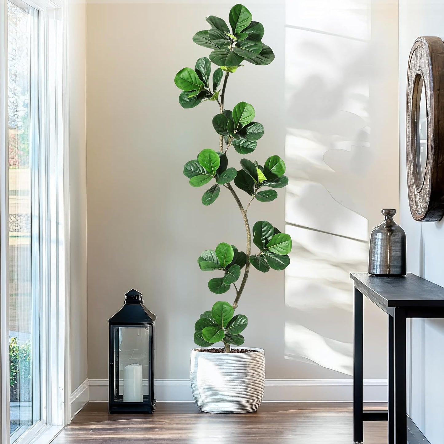 6 ft Artificial Fiddle Leaf Fig Tree with Black Nursery Planter | Fake Plant with Pot, Large Fake Tree for Home or Office Decor - Artificial Plants Indoor Outdoor, Housewarming Gift