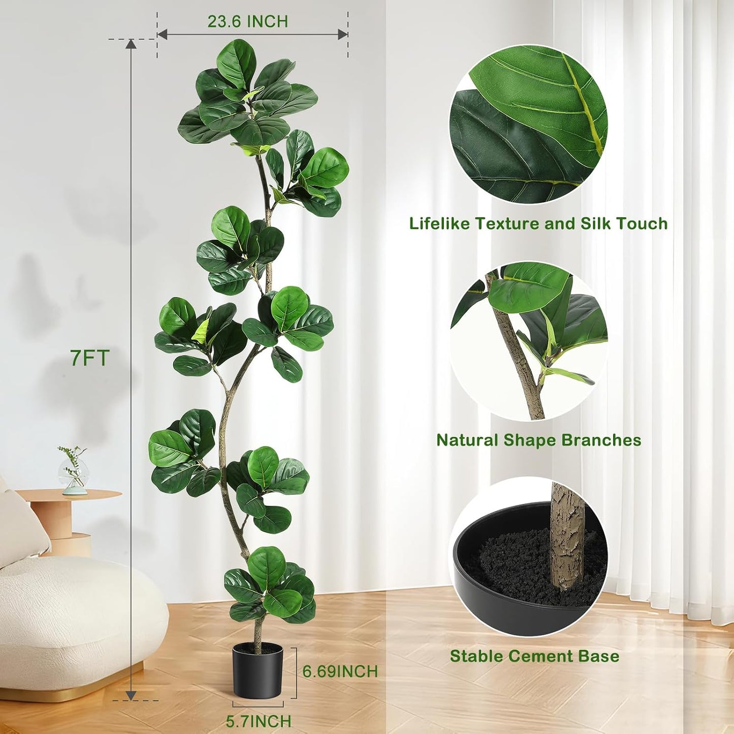 6 ft Artificial Fiddle Leaf Fig Tree with Black Nursery Planter | Fake Plant with Pot, Large Fake Tree for Home or Office Decor - Artificial Plants Indoor Outdoor, Housewarming Gift