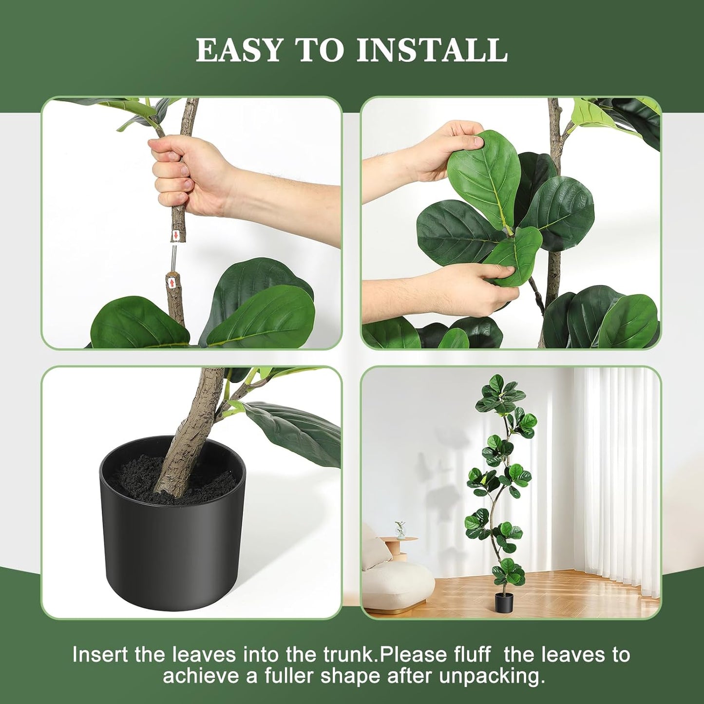 6 ft Artificial Fiddle Leaf Fig Tree with Black Nursery Planter | Fake Plant with Pot, Large Fake Tree for Home or Office Decor - Artificial Plants Indoor Outdoor, Housewarming Gift