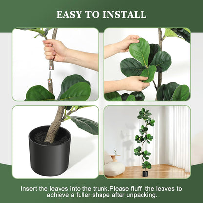 6 ft Artificial Fiddle Leaf Fig Tree with Black Nursery Planter | Fake Plant with Pot, Large Fake Tree for Home or Office Decor - Artificial Plants Indoor Outdoor, Housewarming Gift