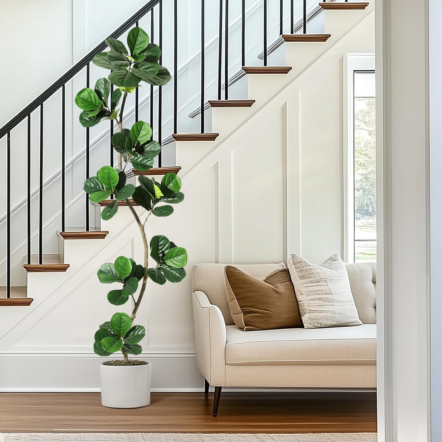 6 ft Artificial Fiddle Leaf Fig Tree with Black Nursery Planter | Fake Plant with Pot, Large Fake Tree for Home or Office Decor - Artificial Plants Indoor Outdoor, Housewarming Gift