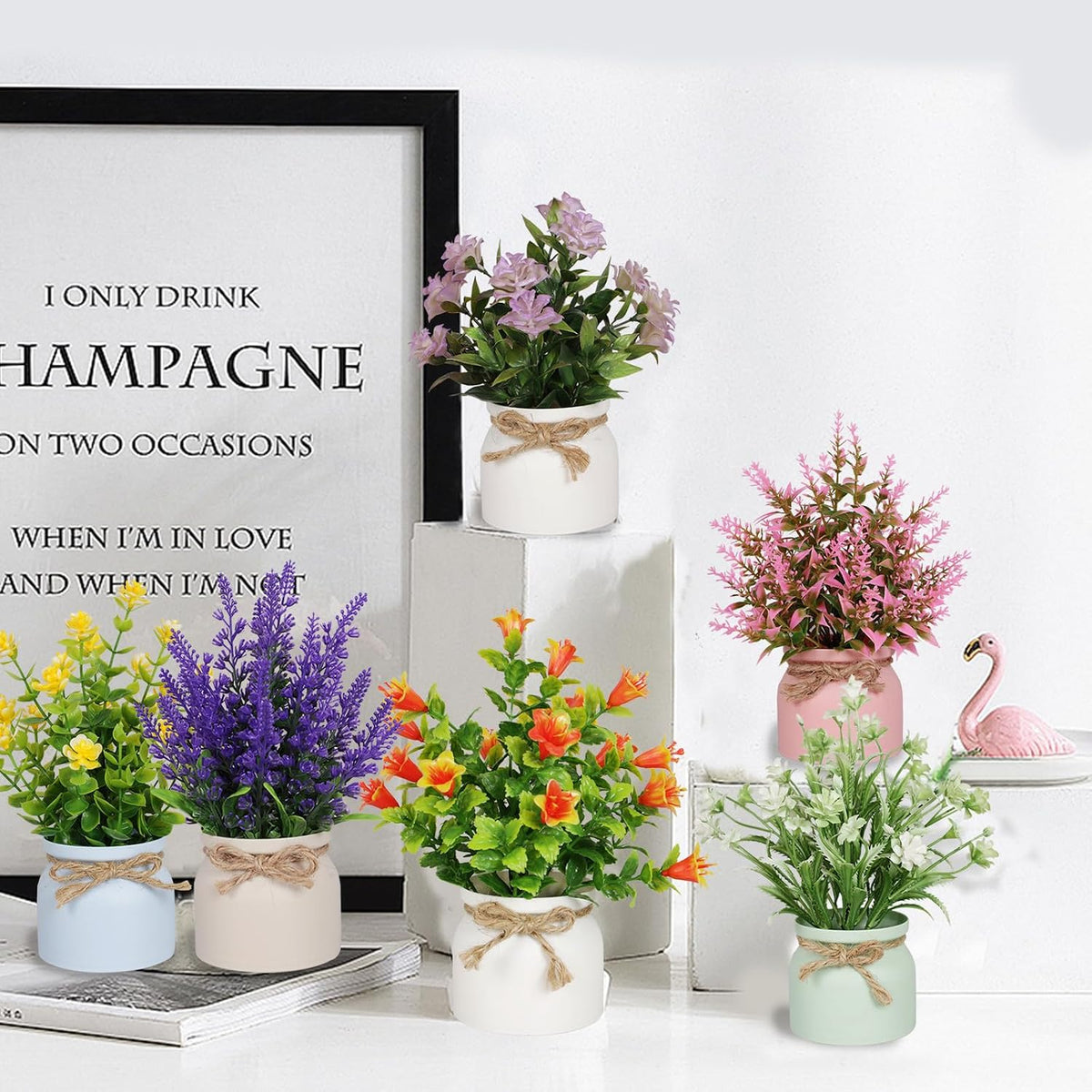 Artificial Pot Flowers Small Fake Plants Mini Potted Plants for Home Office Tabletop Decoration