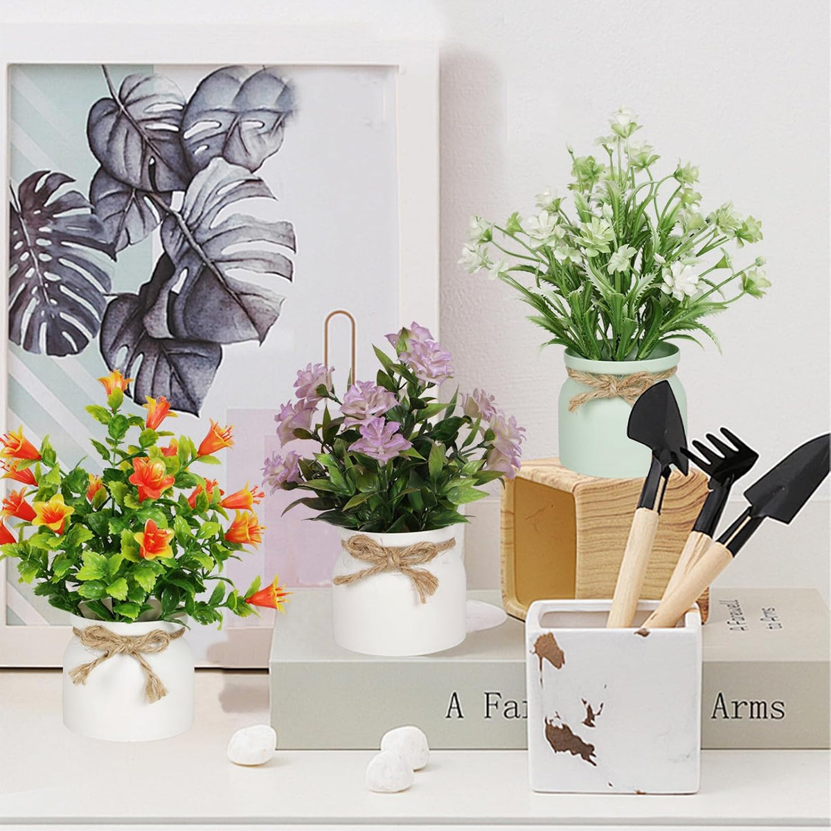 Artificial Pot Flowers Small Fake Plants Mini Potted Plants for Home Office Tabletop Decoration