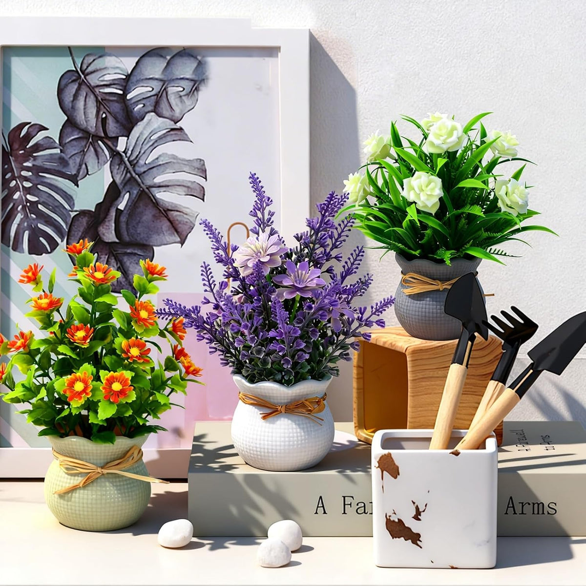Artificial Pot Flowers Small Fake Plants Mini Potted Plants for Home Office Tabletop Decoration