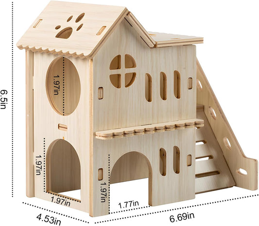 Hamster Hideout with Wooden House, Fun Slide, Double-Decker Hut & Maze - for Dwarf Hamsters, Gerbils, Mice, Small Animals
