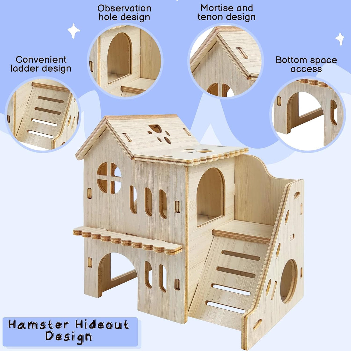 Hamster Hideout with Wooden House, Fun Slide, Double-Decker Hut & Maze - for Dwarf Hamsters, Gerbils, Mice, Small Animals