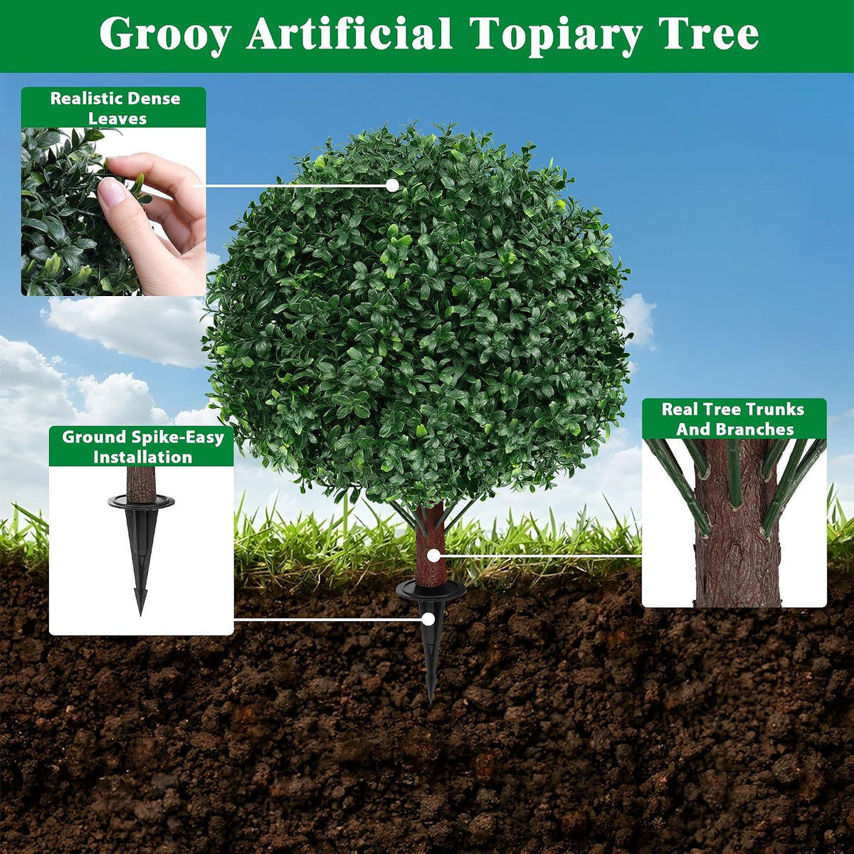 Grooy Artificial Set of 2 UV Resistant Boxwood Topiary Ball for Porch Decor