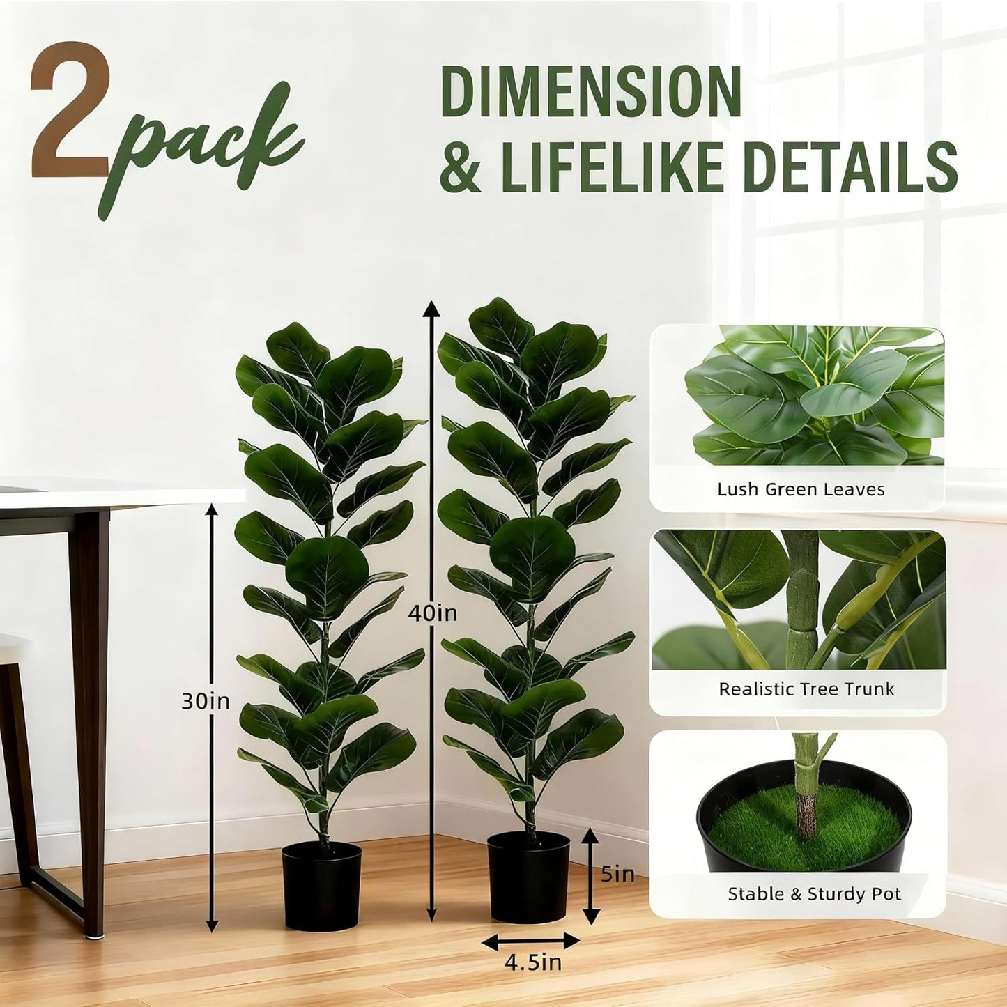 2 Pack Artificial Fiddle Leaf Fig Tree - 30" Fake Ficus Lyrata Artificial Tree in Pots, Fake Plants Indoor for Home or Office Decor, Artificial Plants Floor Housewarming Gift