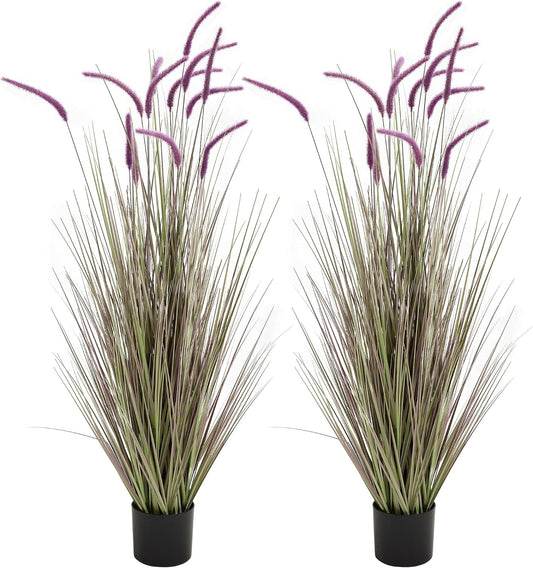 Artificial 5ft 2-Pack Horsetail Reed Grass, 59in Tall Artificial Indoor Outdoor Fake Grass Plant, Home Office Décor Artificial Plants in Pot Faux Plant Greenery, Wedding Decor, Purple