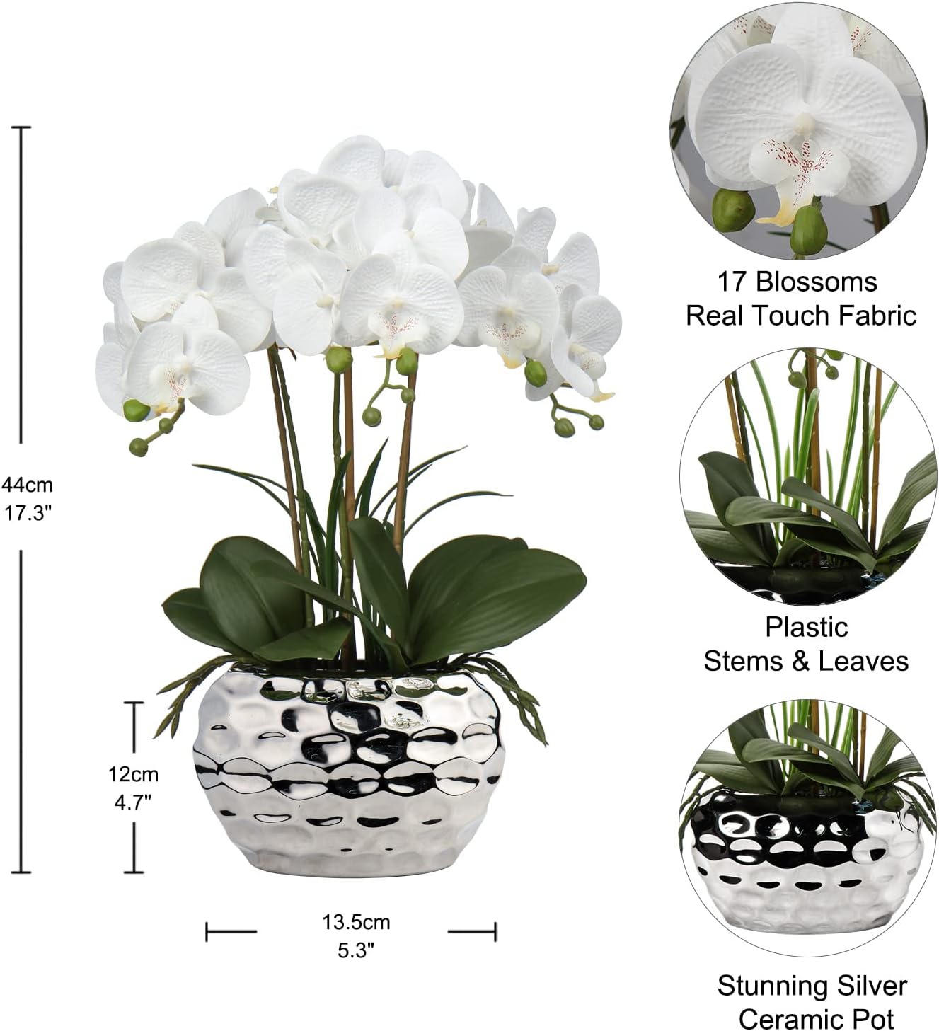 Red Orchid Artificial Flowers 18" Large Silk Orchid with Silver Ceramic Pots Fake Orchid Arrangement for Home Office Bathroom Living Room Table Decoration