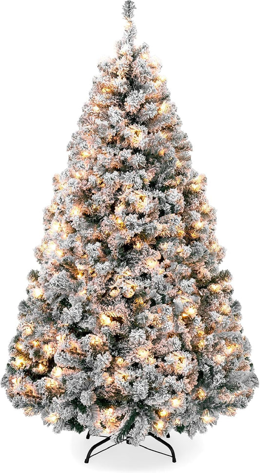 6ft Pre-Lit Artificial Christmas Tree Twinkling LEDs, Snow Flocked Design Pine Tree, Full Appearance Lighted Snowy w/Easy Assembly, 250 Lights, 928 Tips Metal Stand