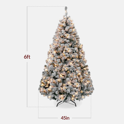 6ft Pre-Lit Artificial Christmas Tree Twinkling LEDs, Snow Flocked Design Pine Tree, Full Appearance Lighted Snowy w/Easy Assembly, 250 Lights, 928 Tips Metal Stand