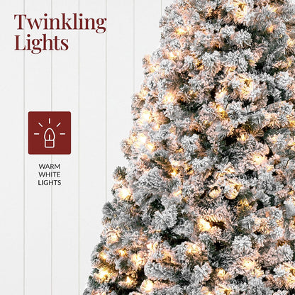 6ft Pre-Lit Artificial Christmas Tree Twinkling LEDs, Snow Flocked Design Pine Tree, Full Appearance Lighted Snowy w/Easy Assembly, 250 Lights, 928 Tips Metal Stand