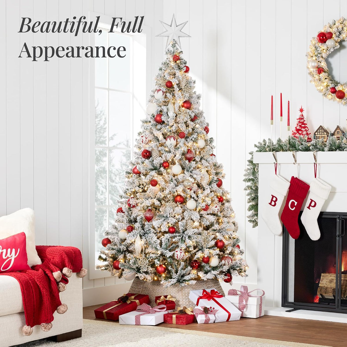 6ft Pre-Lit Artificial Christmas Tree Twinkling LEDs, Snow Flocked Design Pine Tree, Full Appearance Lighted Snowy w/Easy Assembly, 250 Lights, 928 Tips Metal Stand