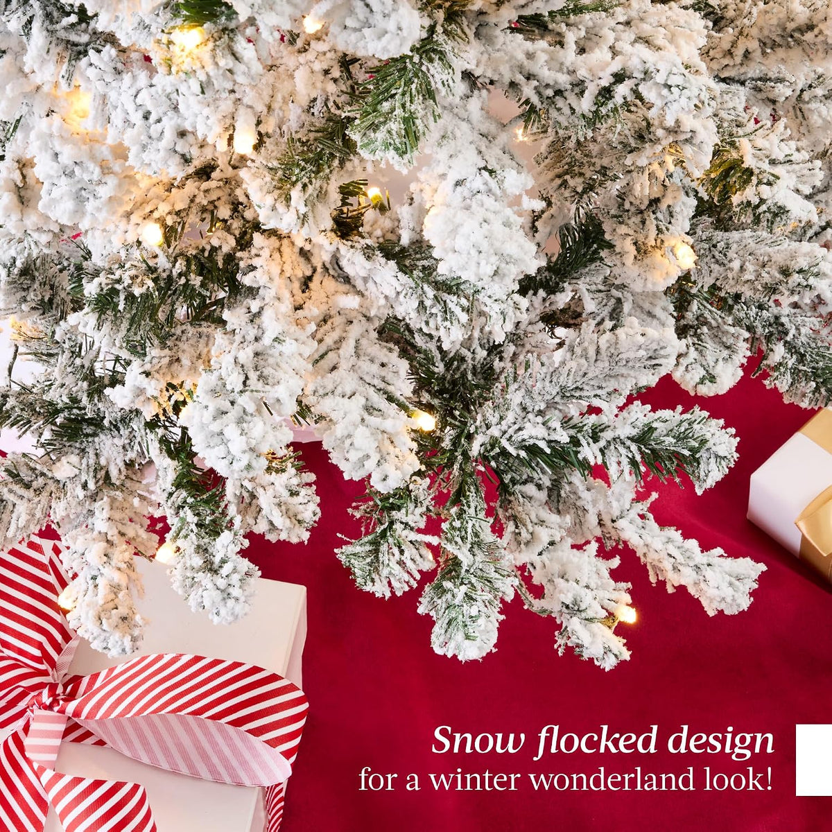 6ft Pre-Lit Artificial Christmas Tree Twinkling LEDs, Snow Flocked Design Pine Tree, Full Appearance Lighted Snowy w/Easy Assembly, 250 Lights, 928 Tips Metal Stand