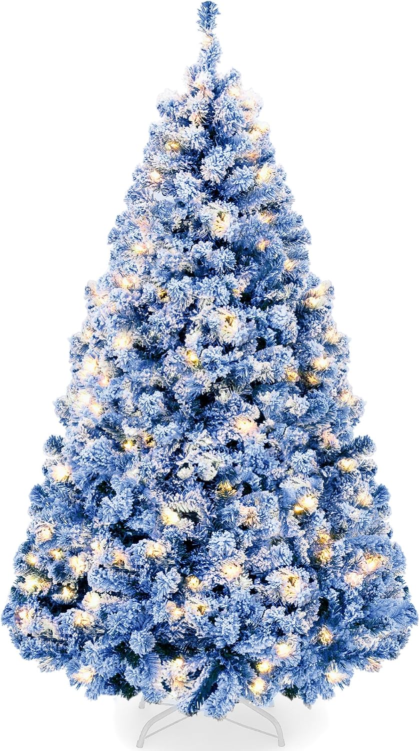 6ft Pre-Lit Artificial Christmas Tree Twinkling LEDs, Snow Flocked Design Pine Tree, Full Appearance Lighted Snowy w/Easy Assembly, 250 Lights, 928 Tips Metal Stand