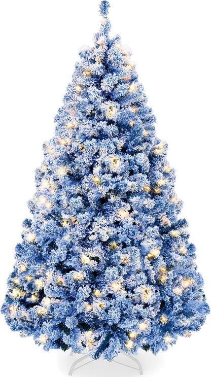 6ft Pre-Lit Artificial Christmas Tree Twinkling LEDs, Snow Flocked Design Pine Tree, Full Appearance Lighted Snowy w/Easy Assembly, 250 Lights, 928 Tips Metal Stand