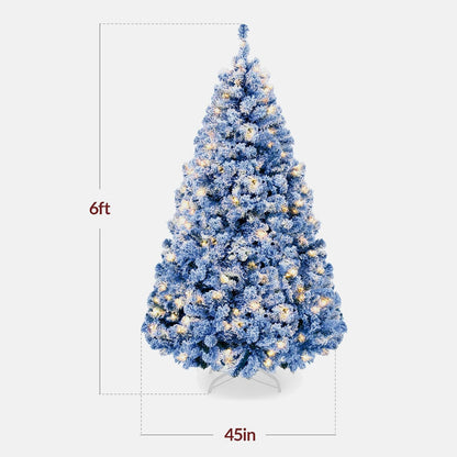6ft Pre-Lit Artificial Christmas Tree Twinkling LEDs, Snow Flocked Design Pine Tree, Full Appearance Lighted Snowy w/Easy Assembly, 250 Lights, 928 Tips Metal Stand